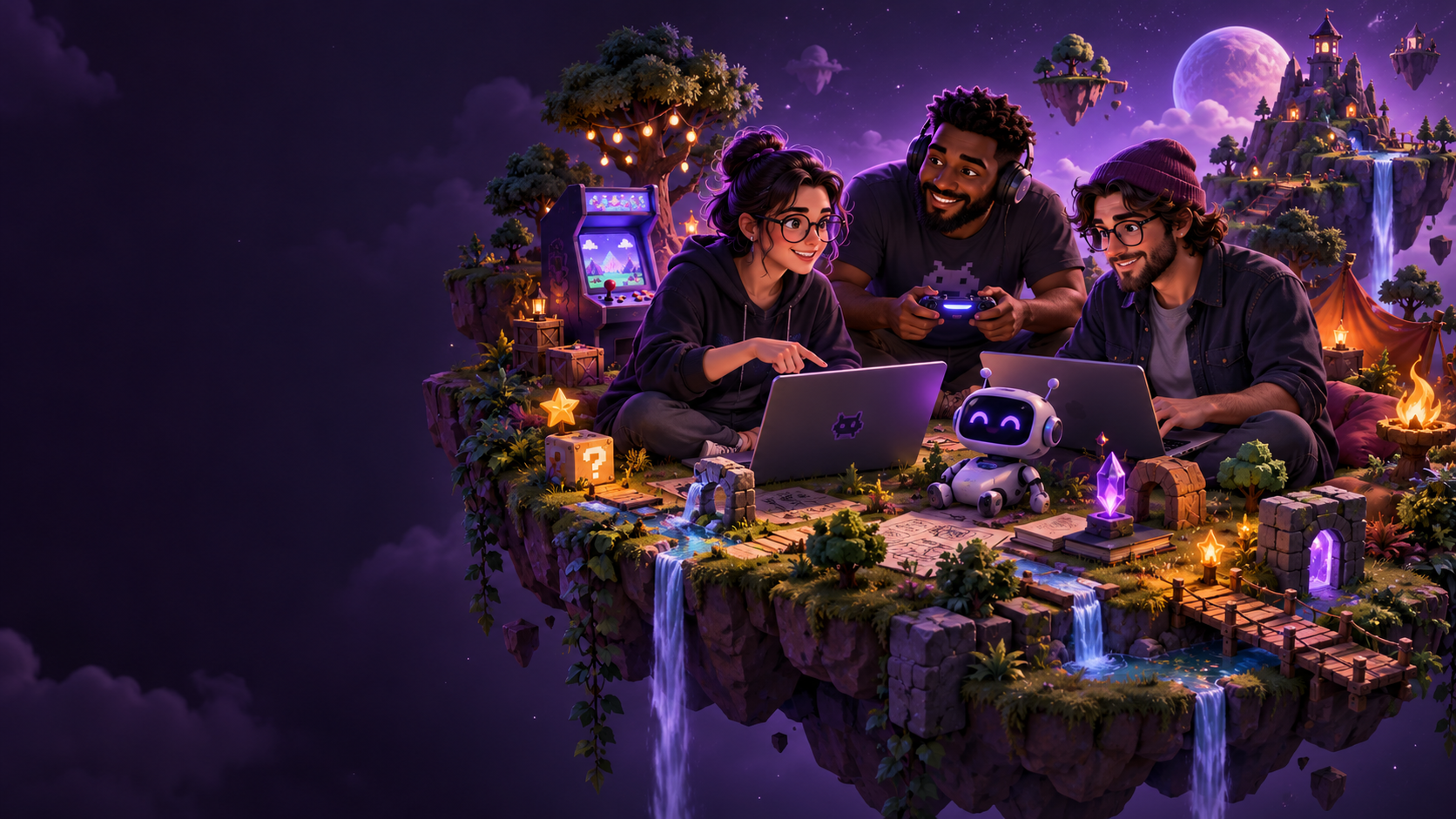 Ilustração de jogadores e criadores adultos colaborando em um mundo de jogos, com laptops, controles e um pequeno robô.